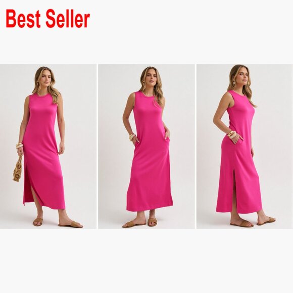 Sleeveless Maxi Sundress with Hidden Pockets, Loose Fit, Crew Neck - Picture 7 of 7